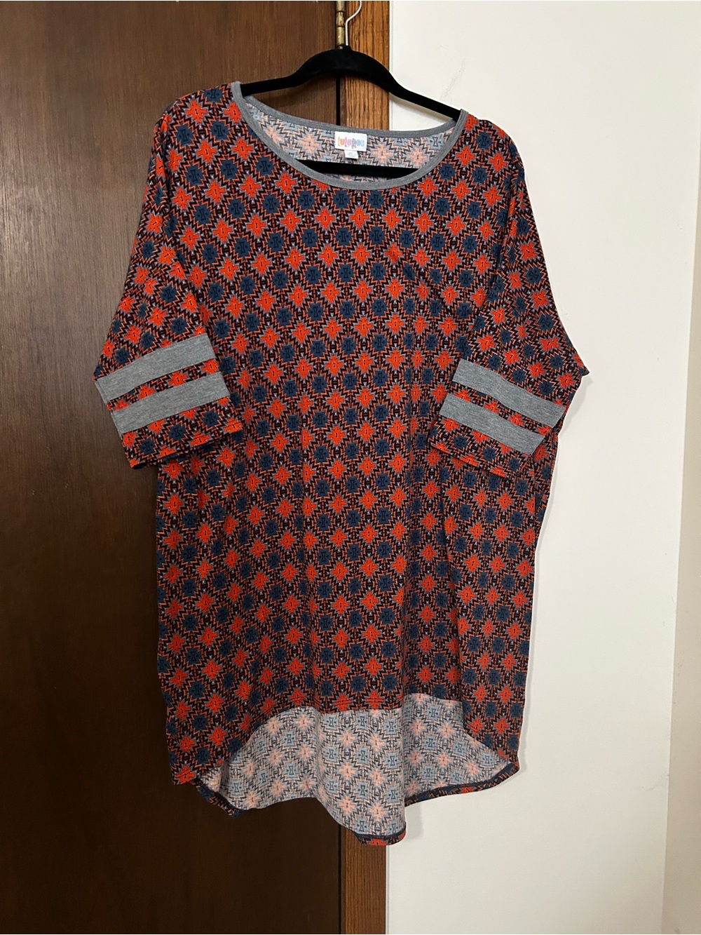 LuLaRoe Orange & Navy Geometric Tunic with Gray Trim